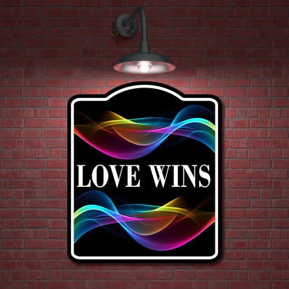 Love Wins With Rainbows BLACK Aluminum Composite Sign