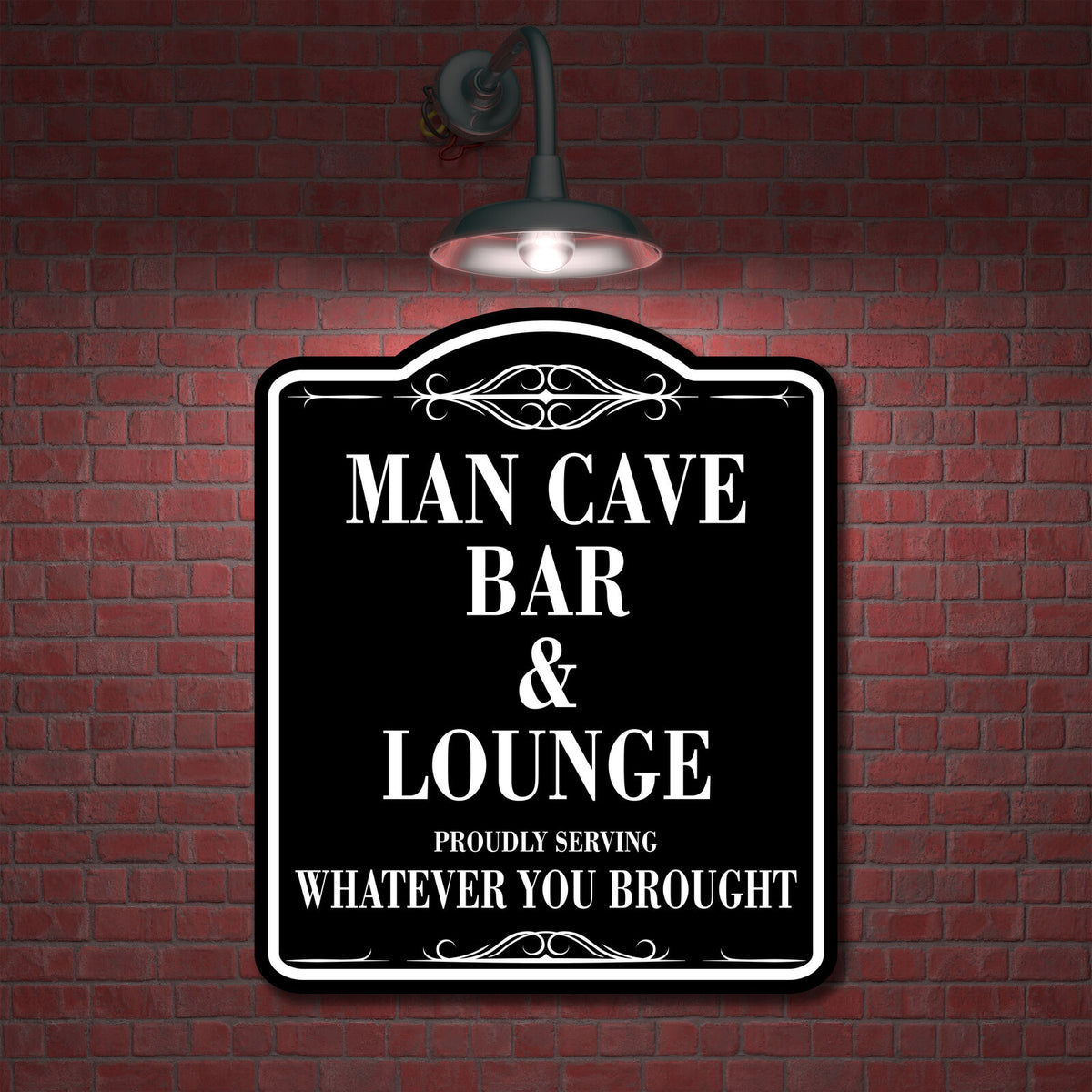 Man Cave Bar Lounge Serving Whatever You Brought BLACK Aluminum Composite Sign