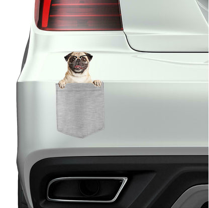 Pug w Glasses Dog in pocket Fridge Car Magnet Bumper Sticker App size 4"x7"