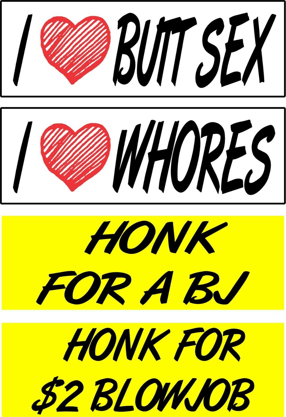Set of 4 Prank Magnetic Bumper Stickers Magnets Funny Hilarious I Love Whores