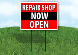 REPAIR SHOP NOW OPEN BLACK STRIPE Plastic Yard Sign ROAD SIGN with Stand