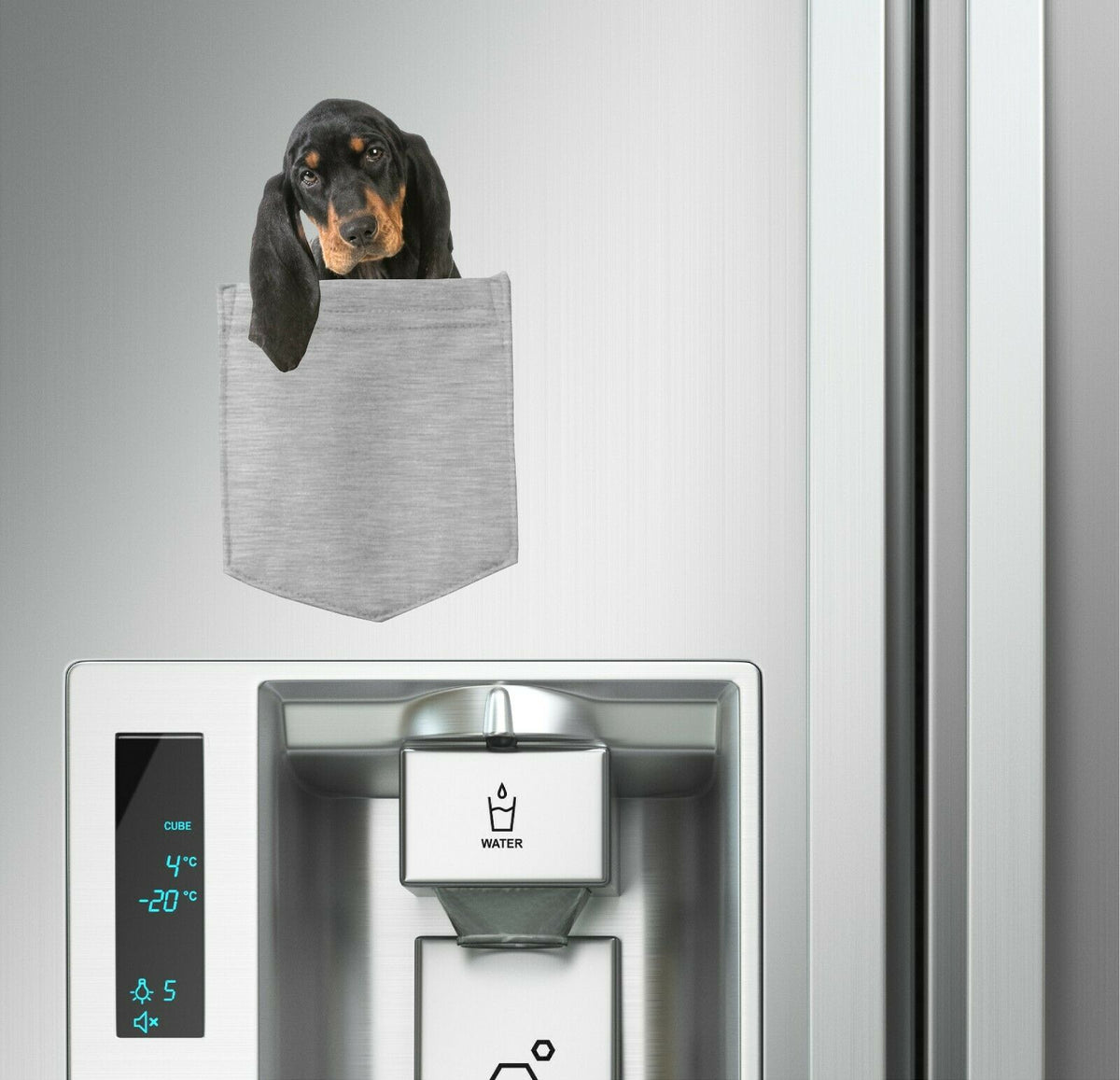Black & Tan Coonhound in pocket Fridge Car Magnet Bumper Sticker App size 4"x7"
