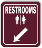 RESTROOMS DIRECTIONAL 45 DEGREES DOWN LEFT ARROW CAMPING Aluminum composite sign