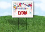 LYDIA HAPPY BIRTHDAY BALLOONS 18 in x 24 in Yard Sign Road Sign with Stand
