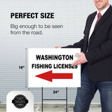 WASHINGTON _FISHING LICENSES LEFT ARROW RED Yard Sign w Stand LAWN SIGN Single