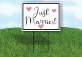 JUST MARRIED PINK HEARTS BLACK BORDER Yard Sign with Stand LAWN SIGN