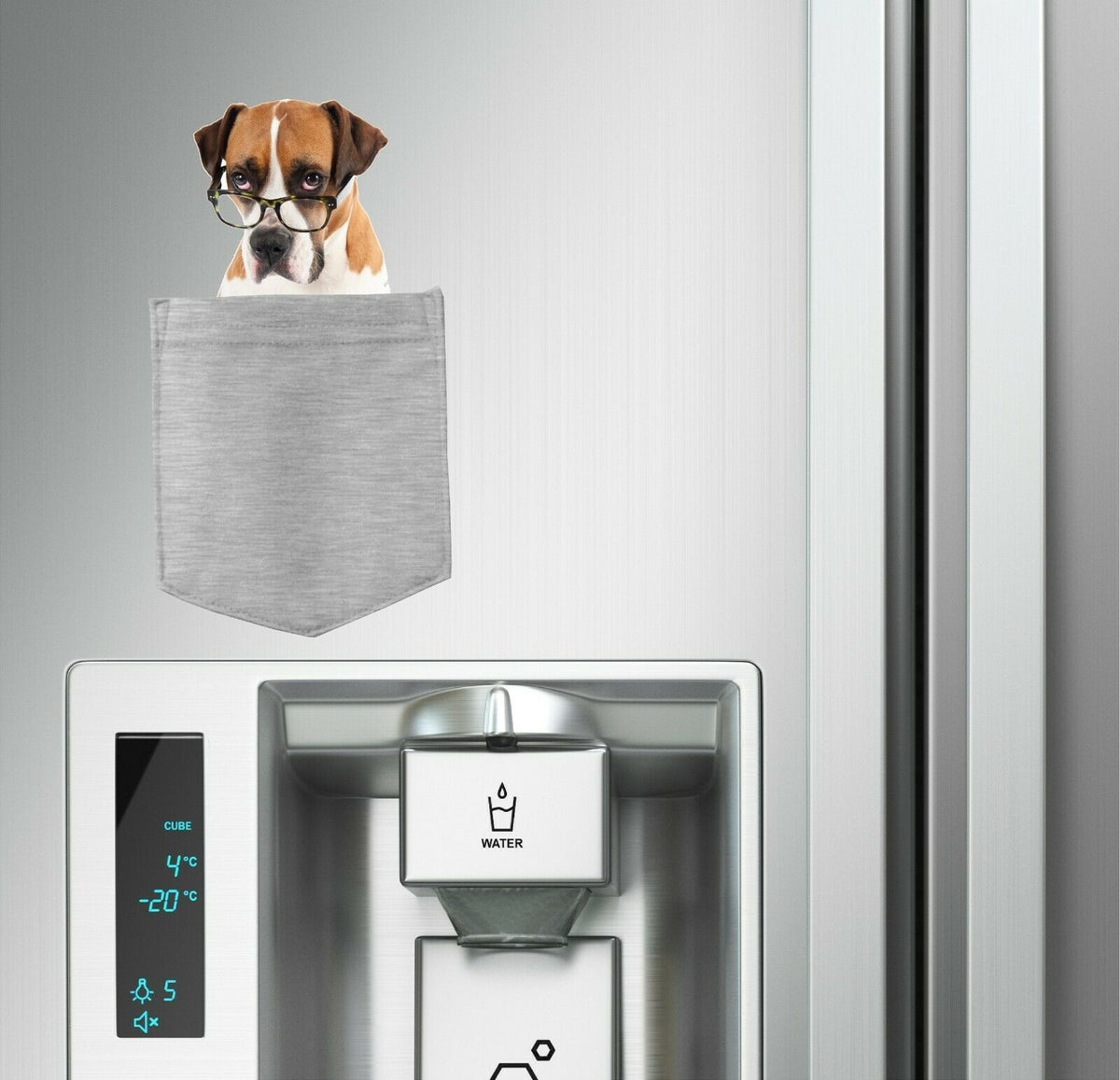 Boxer with Glasses Dog in pocket Fridge Car Magnet Bumper Sticker App size 4"x7"