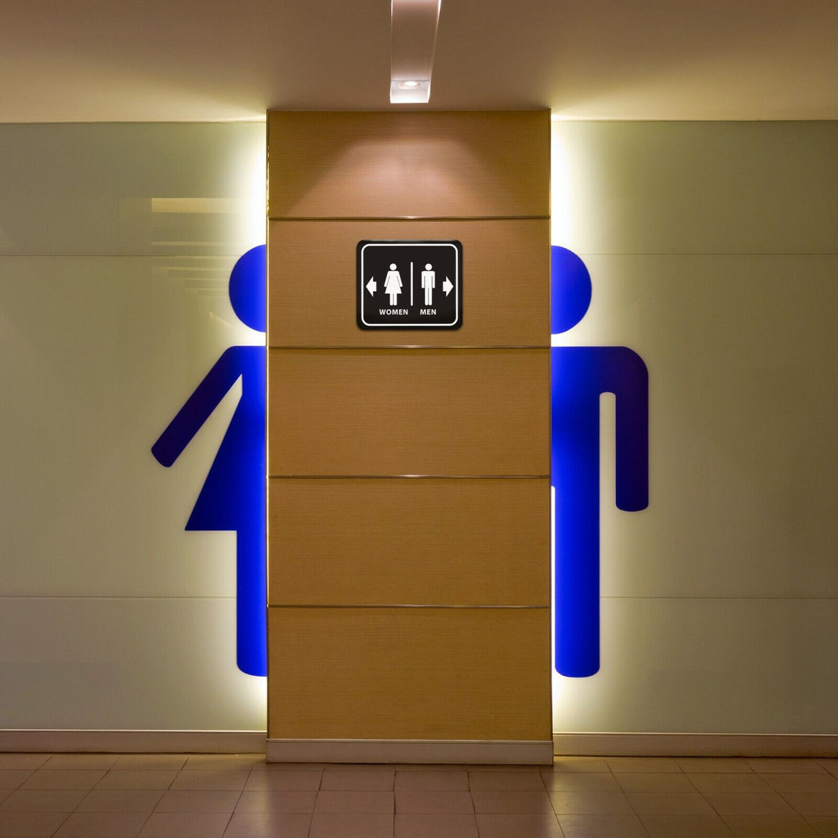 BATHROOM RESTROOM MEN RIGHT ARROW WOMEN LEFT ARROW BLACK Aluminum composite sign