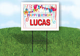 LUCAS HAPPY BIRTHDAY BALLOONS 18 in x 24 in Yard Sign Road Sign with Stand