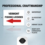VERMONT _FISHING LICENSES LEFT ARROW RED Yard Sign w Stand LAWN SIGN Single