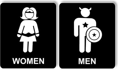 Funny superhero women men bathroom restroom metal sign set for business