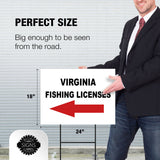 VIRGINIA _FISHING LICENSES LEFT ARROW RED Yard Sign w Stand LAWN SIGN Single