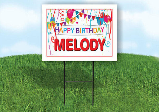 MELODY HAPPY BIRTHDAY BALLOONS 18 in x 24 in Yard Sign Road Sign with Stand