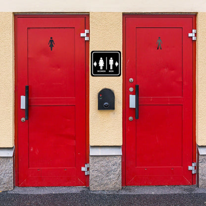 BATHROOM RESTROOM MEN RIGHT ARROW WOMEN LEFT ARROW BLACK Aluminum composite sign