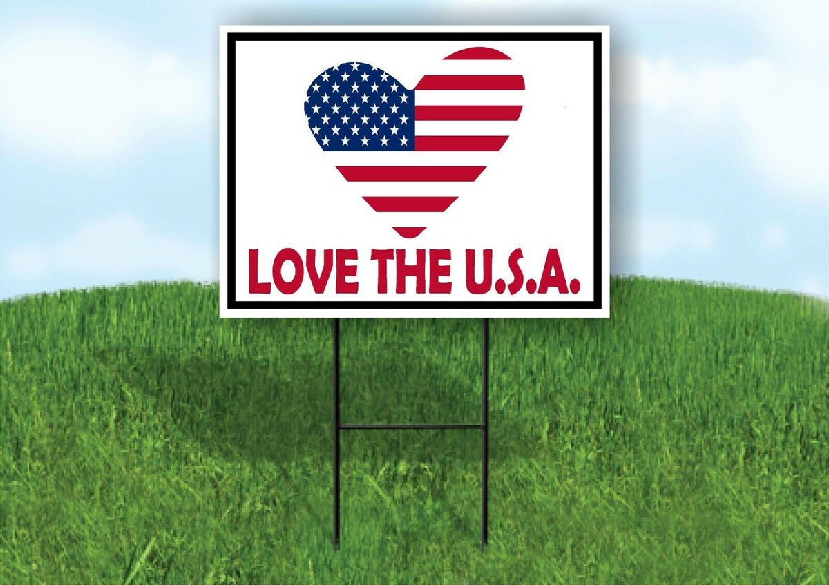 LOVE THE USA FLAG HEART BLACK BORDER Yard Sign with Stand LAWN SIGN