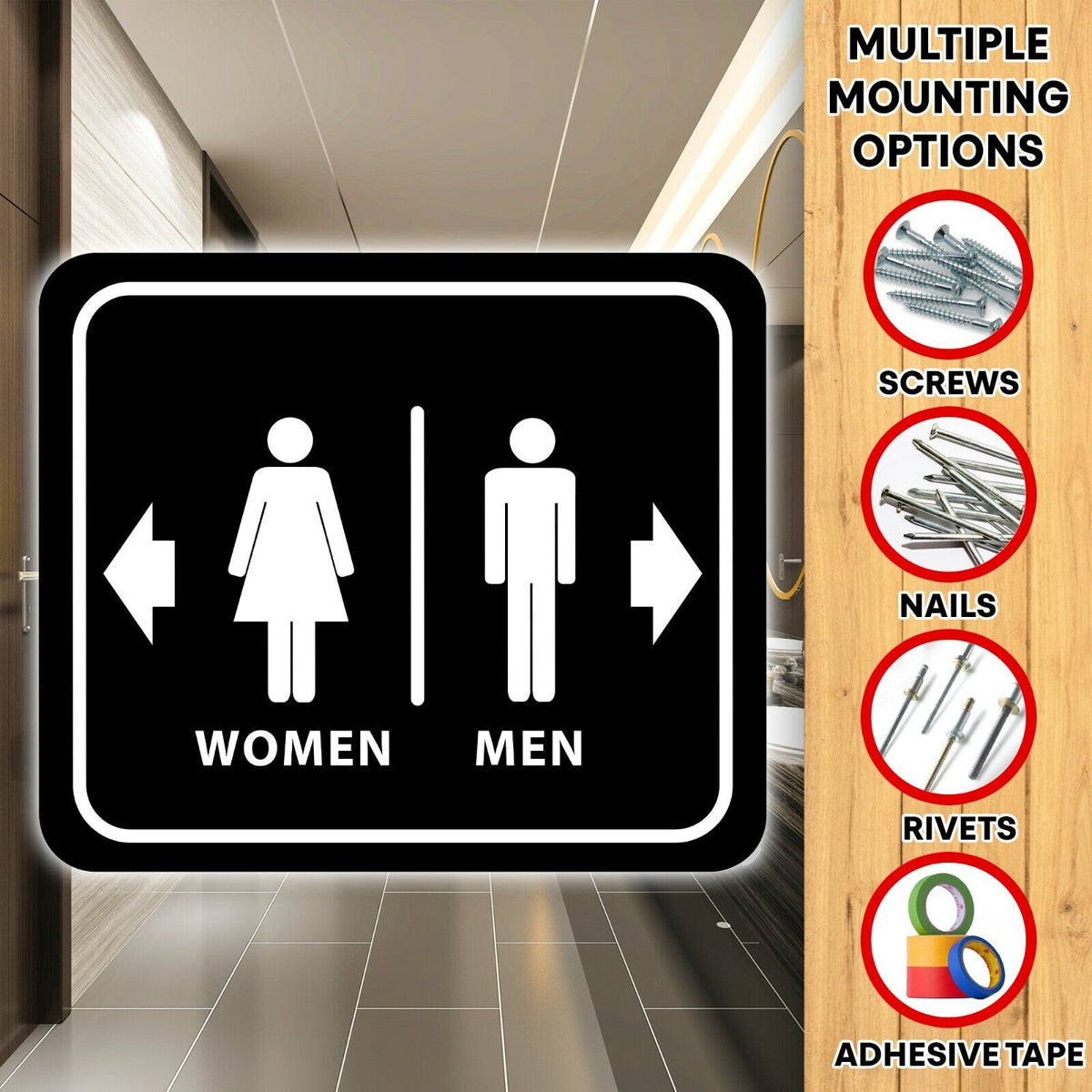BATHROOM RESTROOM MEN RIGHT ARROW WOMEN LEFT ARROW BLACK Aluminum composite sign