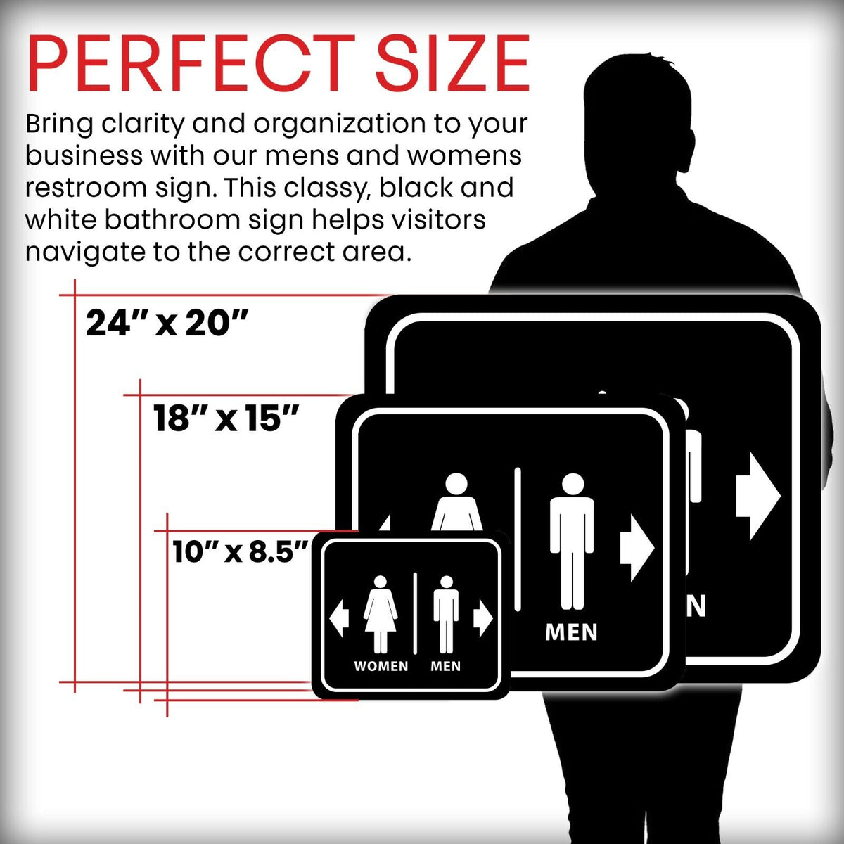 BATHROOM RESTROOM MEN RIGHT ARROW WOMEN LEFT ARROW BLACK Aluminum composite sign